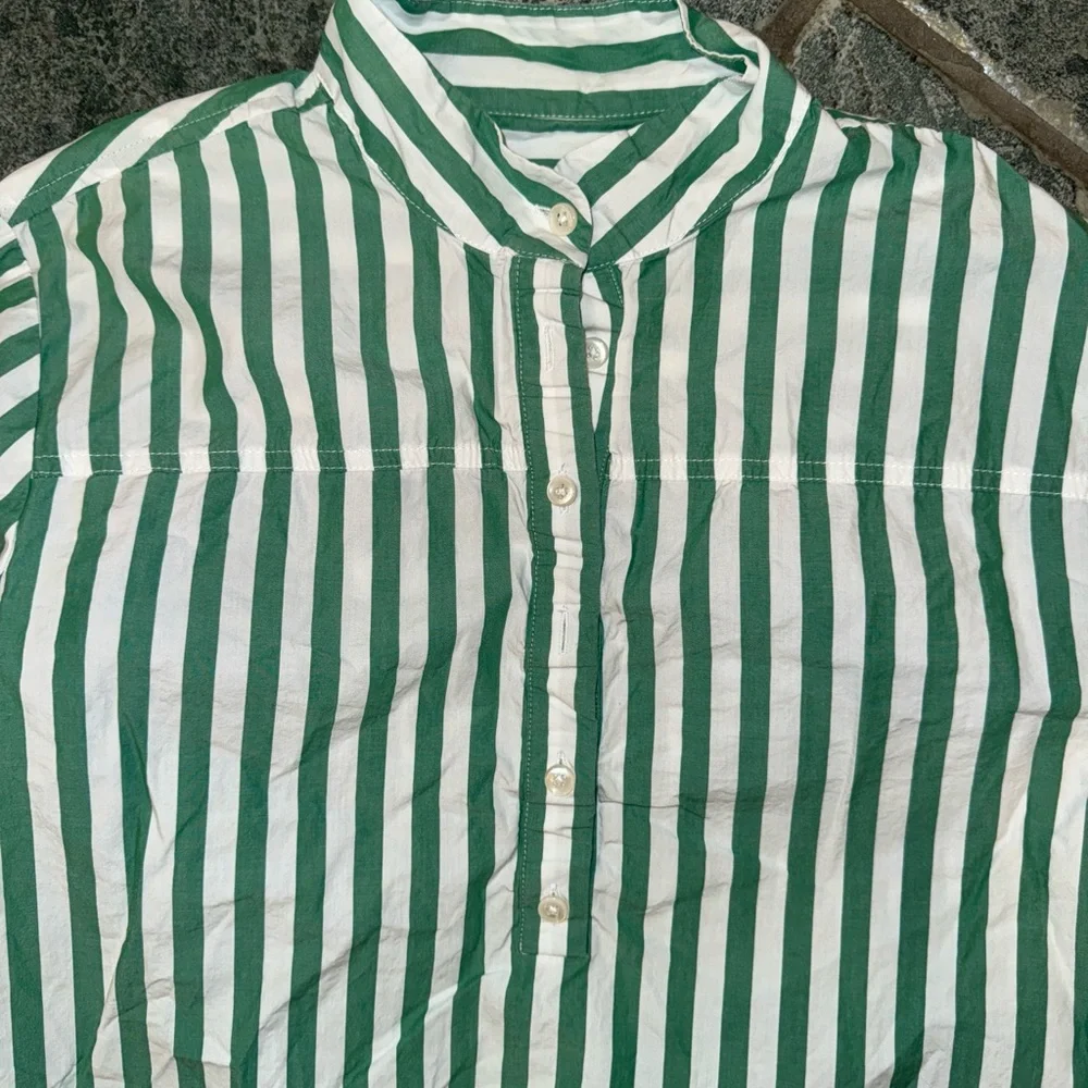 J Crew Women's Cotton Green White Stripe Long Sleeve Blouse mock neck collar, 10 - Picture 2 of 4
